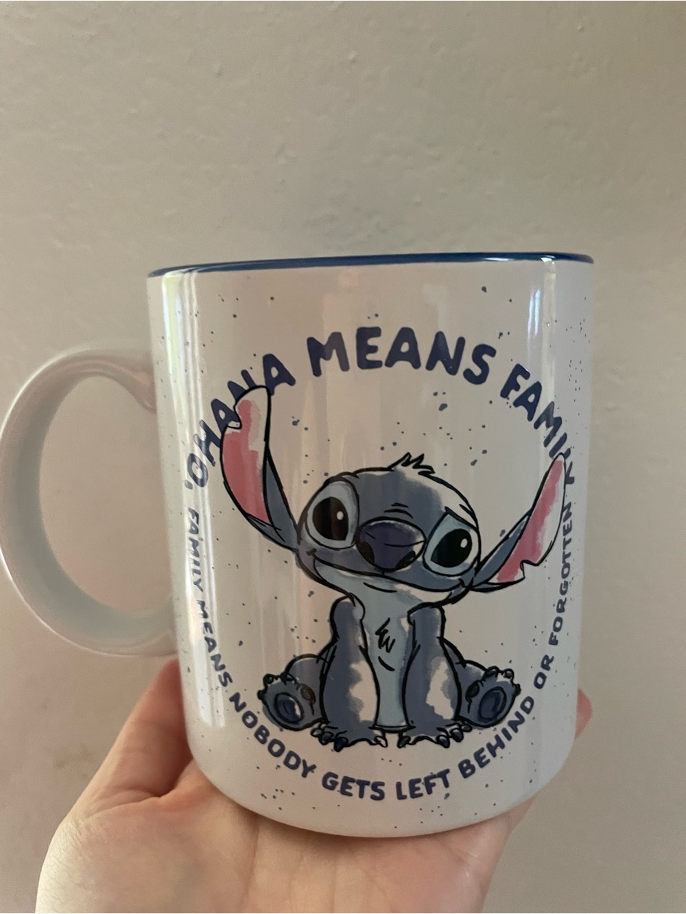 Disney Stitch 'Ohana Means Family' Ceramic Mug - White and Blue